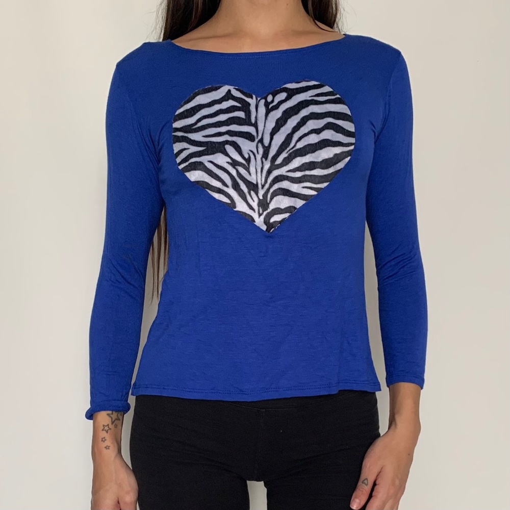 Lori & Jane Y2K Blue Long Sleeve Top Zebra Heart Patch Graphic